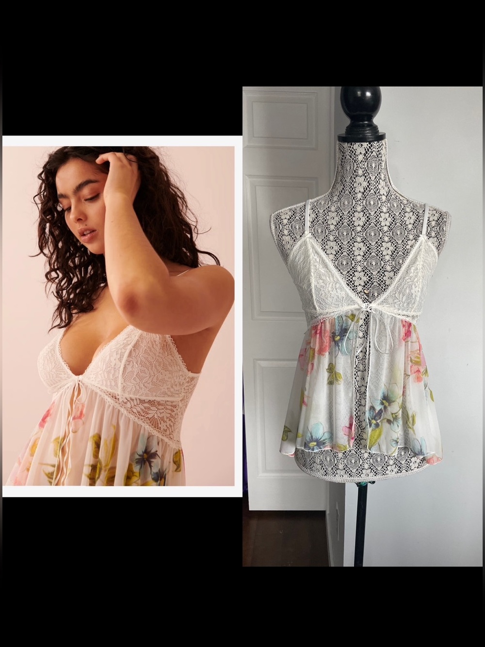 NWT Lace Floral Chiffon Coquette Teddy Chemise Lingerie. Slit Front. Small